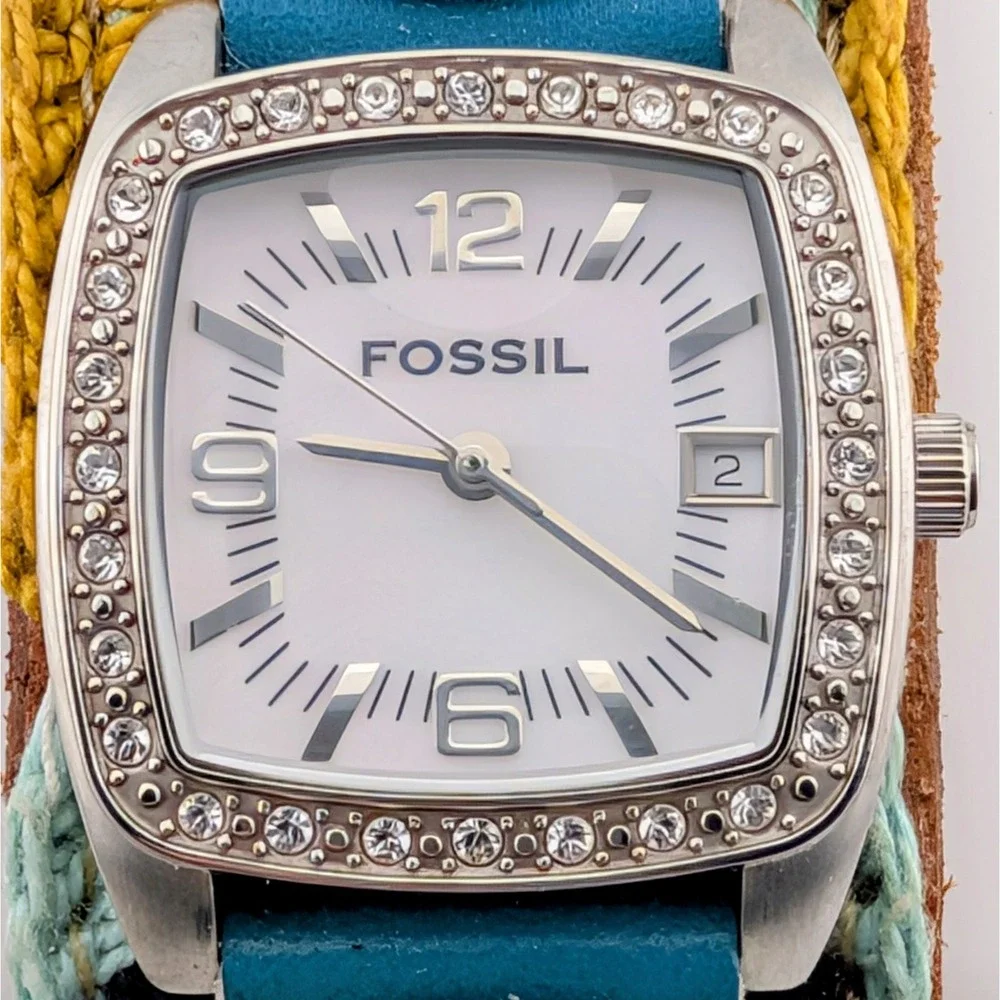 Fossil JR-8683 Women's MOP Watch Rhinestone Bezel Crochet Cuff 3 Straps Included